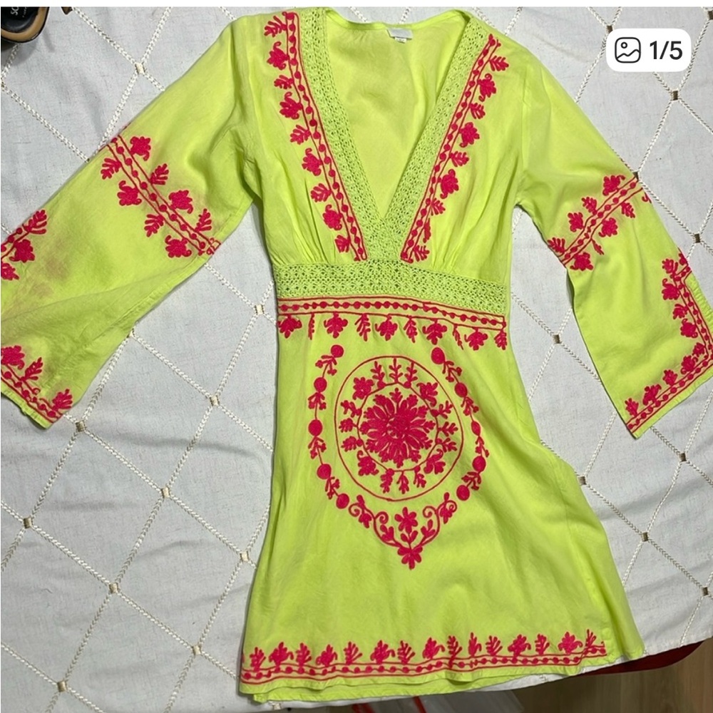Embroidered Lime Green and Pink Swim Coverup
